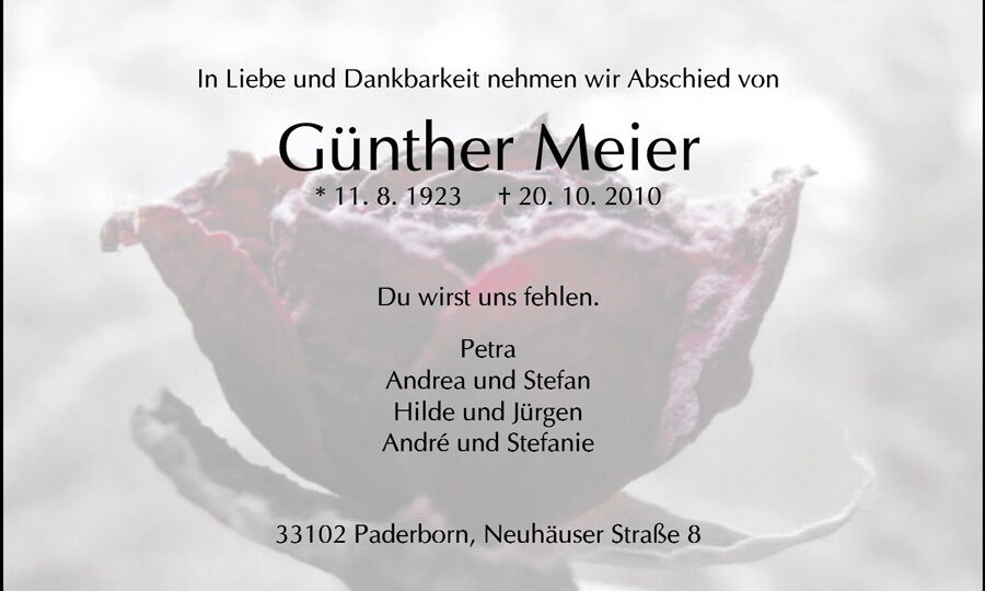 Beispiel Traueranzeige mit Blumenmotiv von Voss Bestattungen in Paderborn